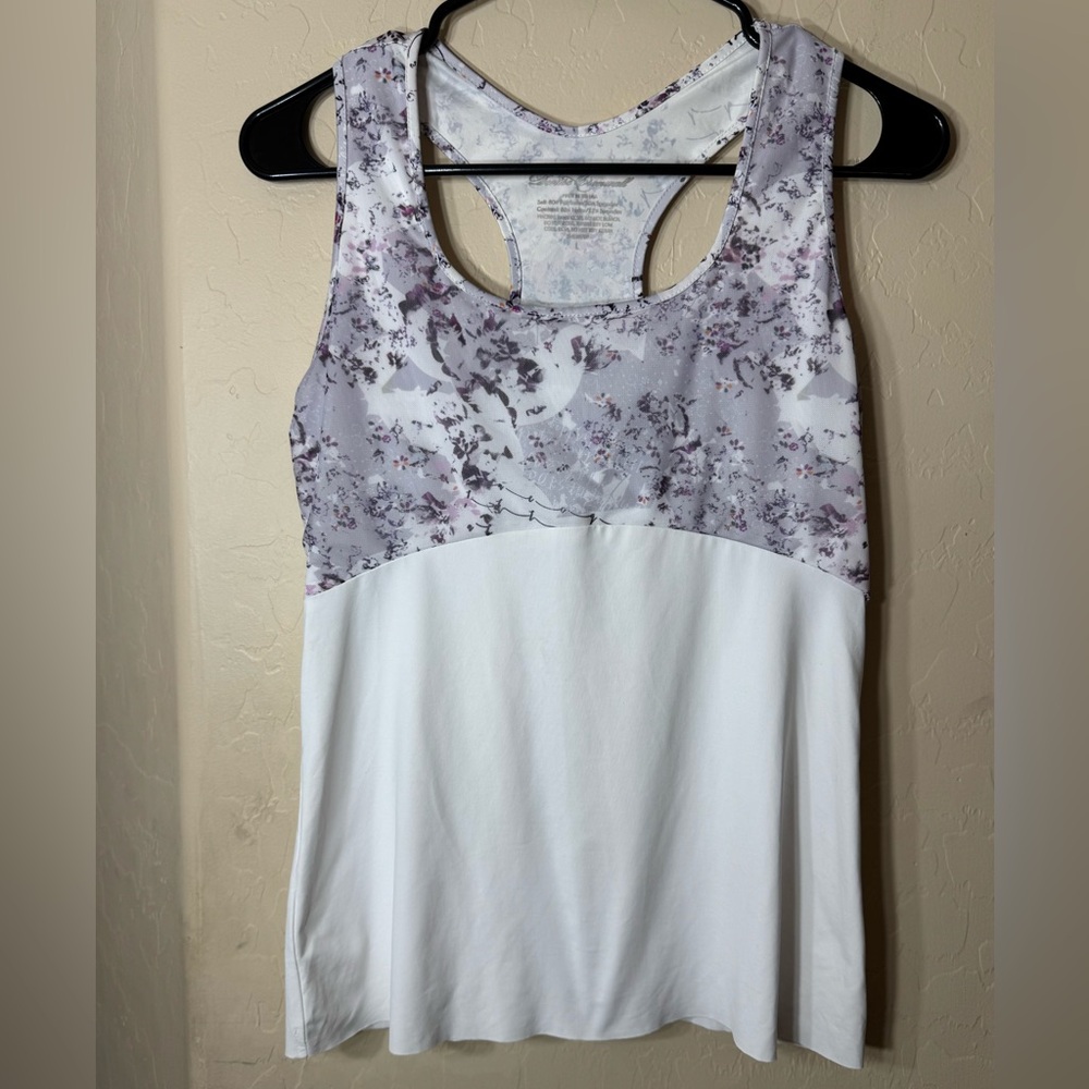 Denise Cronwall White Floral Racerback Active Tank Top Yoga Workout Athleisure